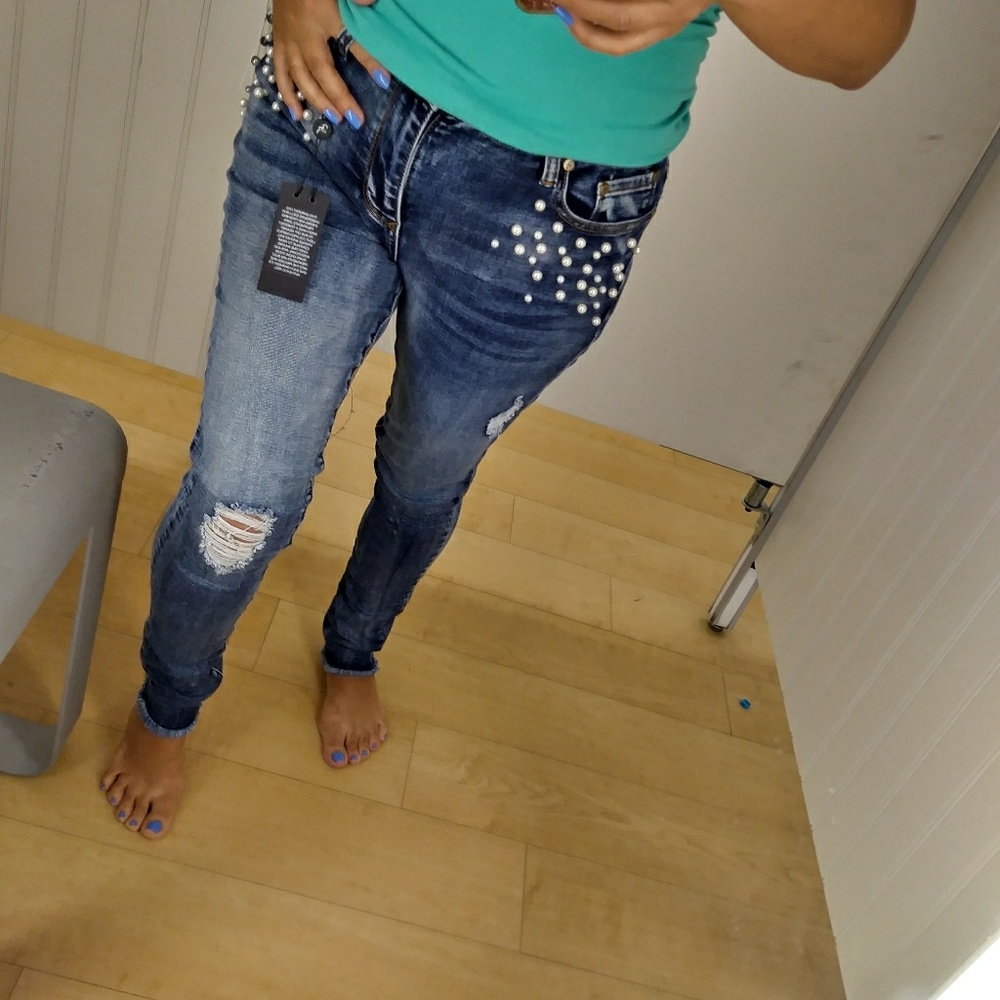 Pearls Distressed Cuffed Skinny Jeans